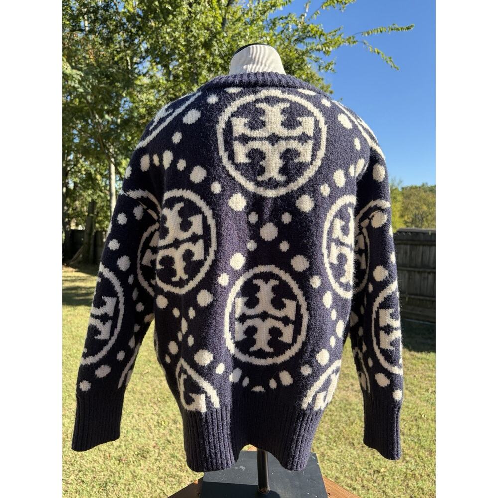 Tory Burch Sport Blue Chunky Knit Wool Blend Logo Sweater Oversized XS Rare - Picture 3 of 6